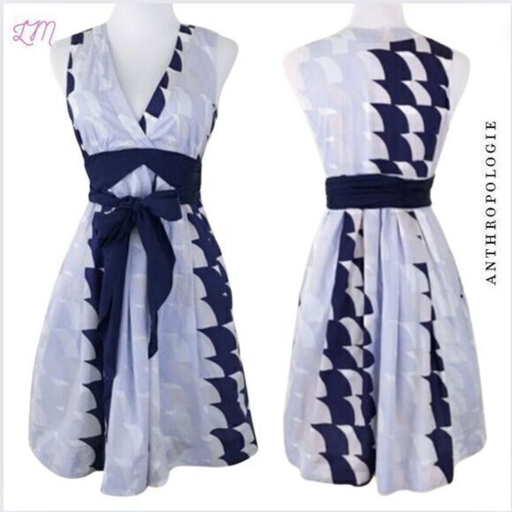 Anthropologie‎ Maeve Blue Geometric Print Cotton Short Dress Blue Gray Sash 2